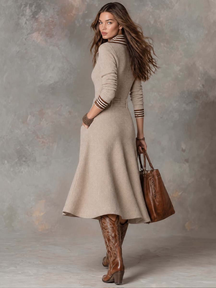 Striped Collar Midi Ribbed Knit Sweater Dress with Front Zip