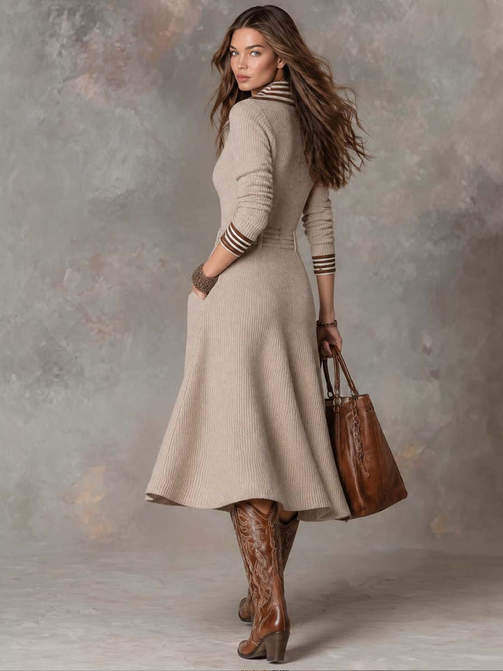 Striped Collar Midi Ribbed Knit Sweater Dress with Front Zip