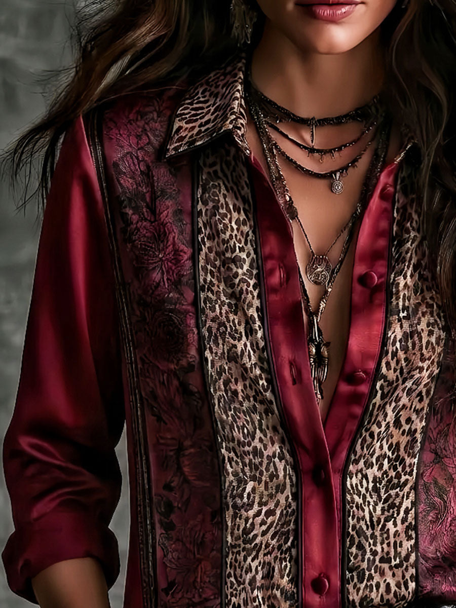 Burgundy Vintage Blouse featuring Satin Leopard and Black Rose Print