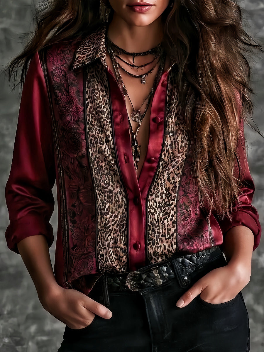 Burgundy Vintage Blouse featuring Satin Leopard and Black Rose Print