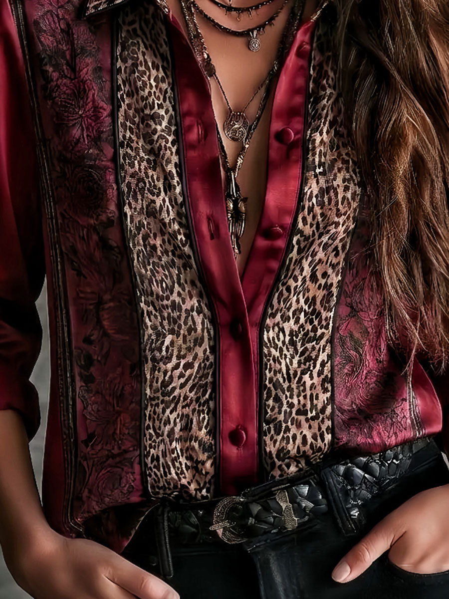 Burgundy Vintage Blouse featuring Satin Leopard and Black Rose Print