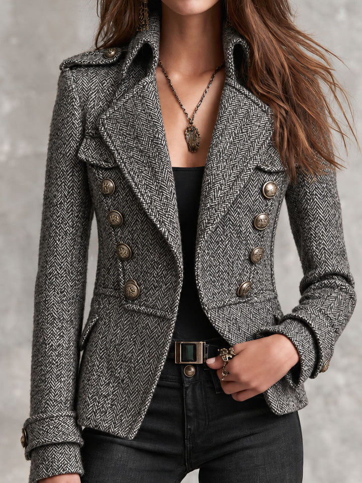 Γκρι Σαλονέ Σακάκι Στρατιωτικού Στυλ από Τσόχα με Διπλό Κουμπί σε Χάλκινο Χρώμα