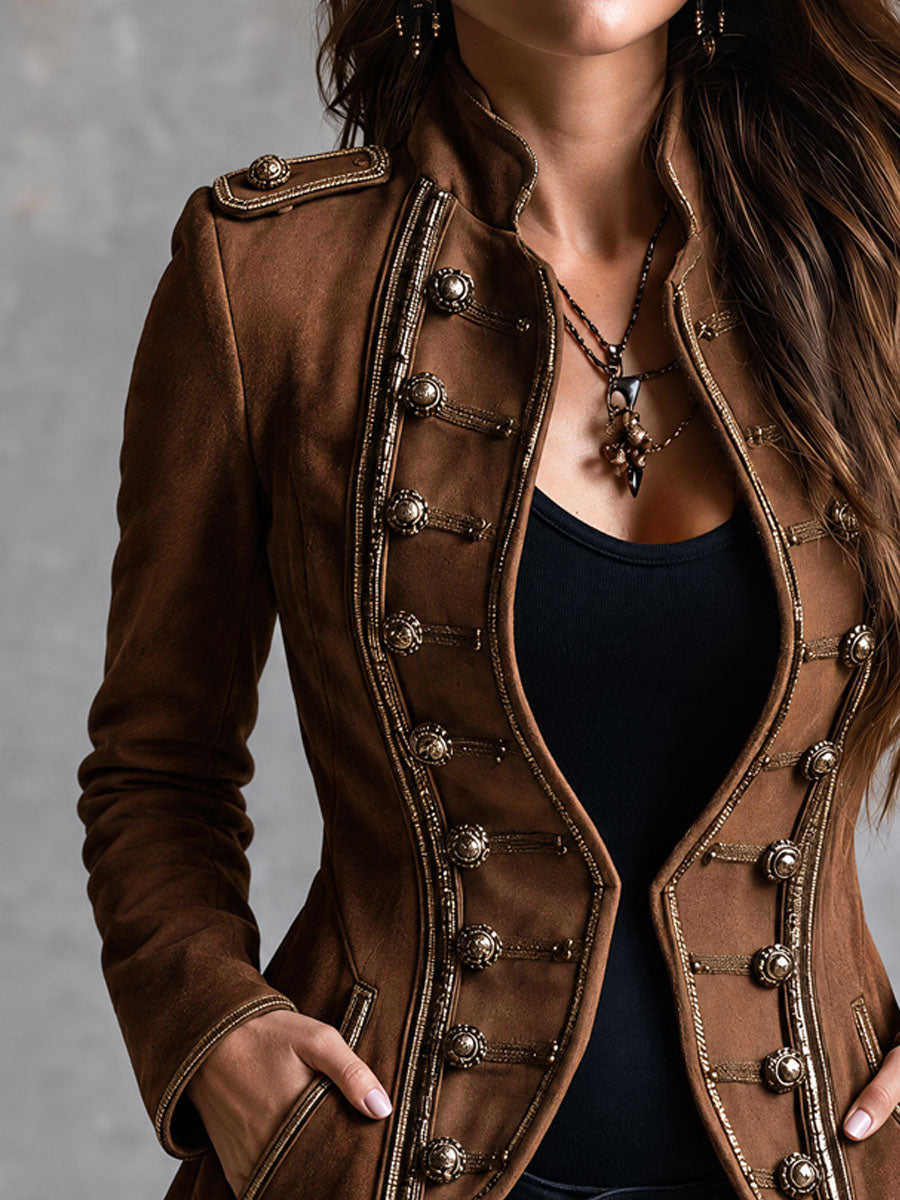 Vintage-Inspired Synthetic Suede Jacket with Double Buttons and Gold Accents