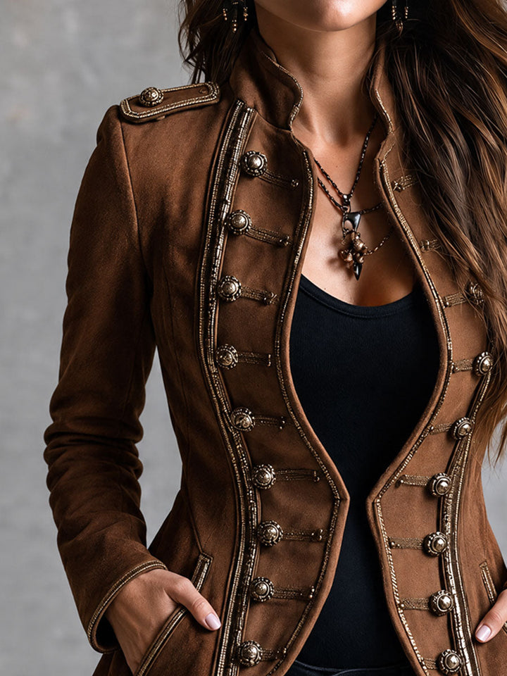Vintage-Inspired Synthetic Suede Jacket with Double Buttons and Gold Accents