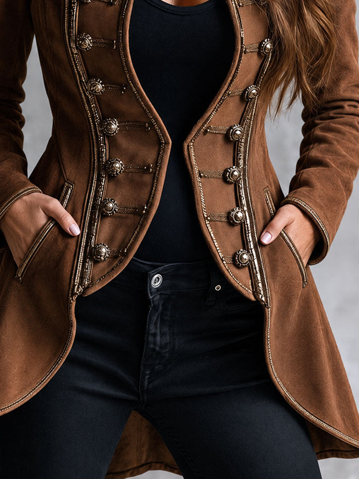 Vintage-Inspired Synthetic Suede Jacket with Double Buttons and Gold Accents