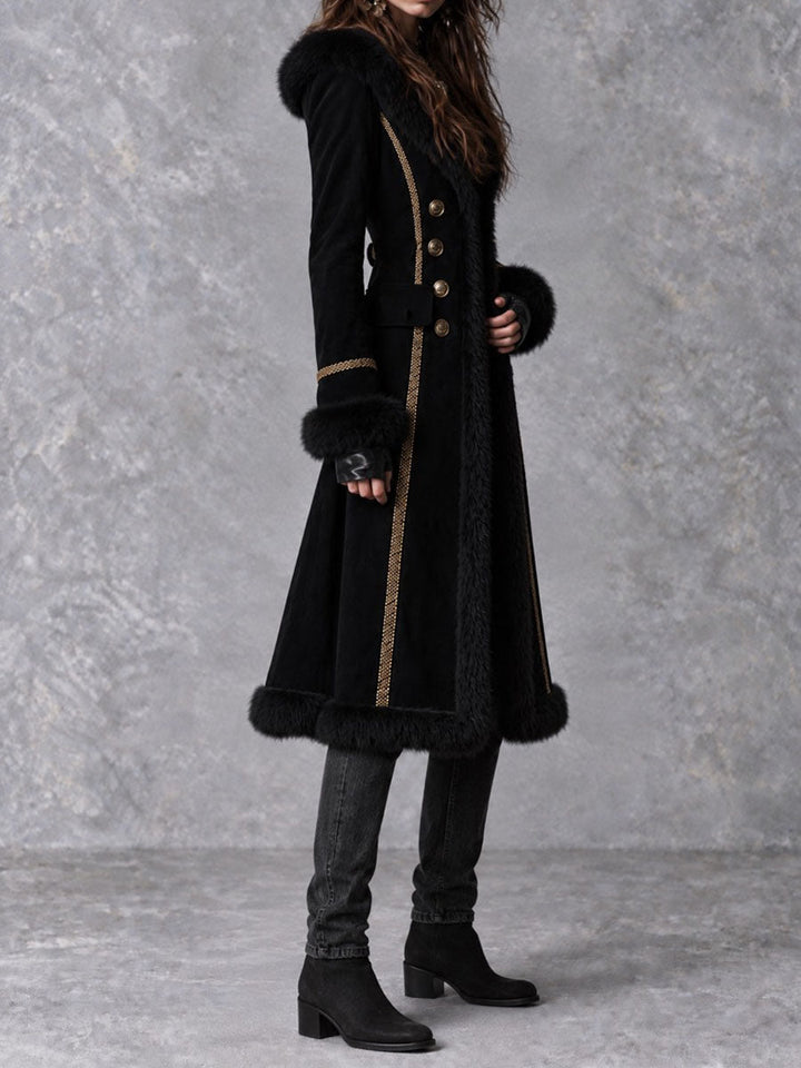Retro Gothic Long Coat with Fur Trim and Double Closure