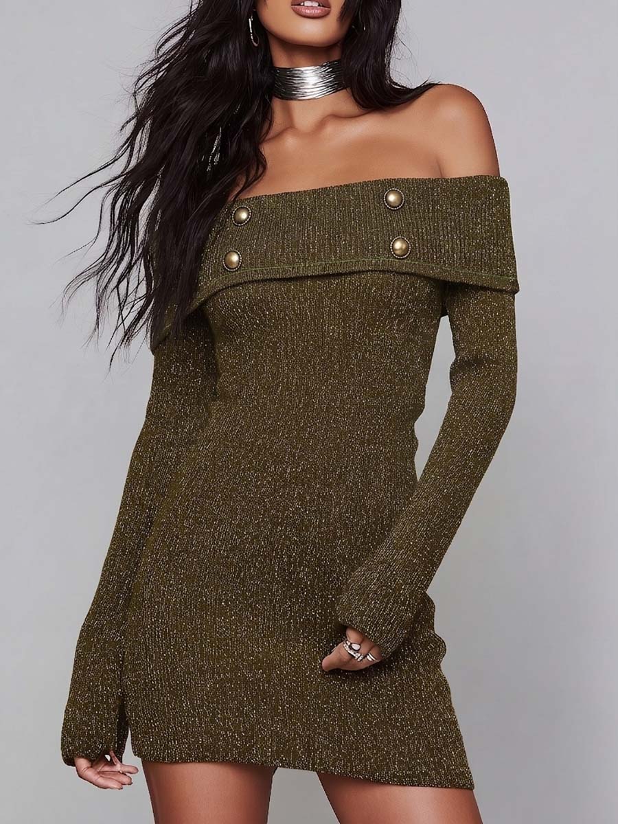Off-Shoulder Knitted Mini Dress with Button Accents
