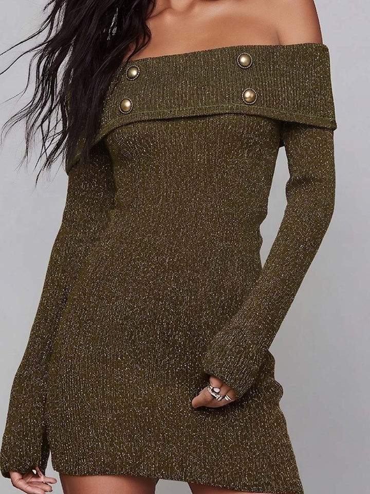 Off-Shoulder Knitted Mini Dress with Button Accents