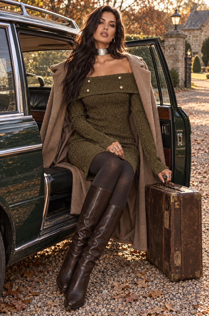 Off-Shoulder Knitted Mini Dress with Button Accents