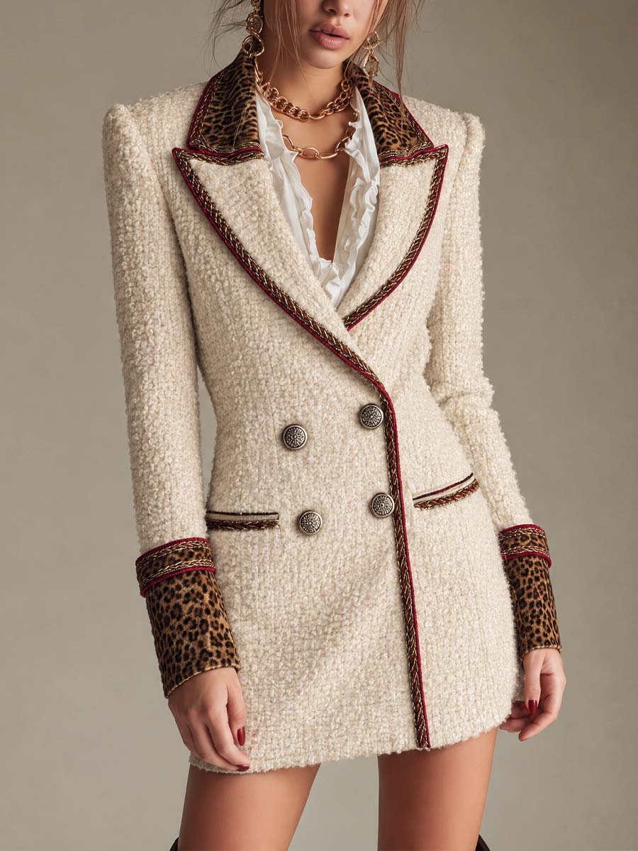 Tweed Mini Dress Blazer with Leopard Satin Accents and Gold Chain