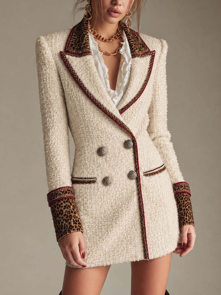 Tweed Mini Dress Blazer with Leopard Satin Accents and Gold Chain