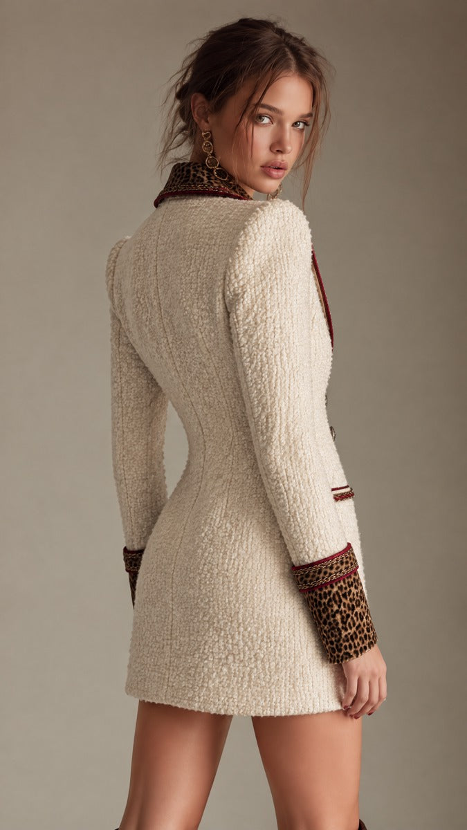 Tweed Mini Dress Blazer with Leopard Satin Accents and Gold Chain