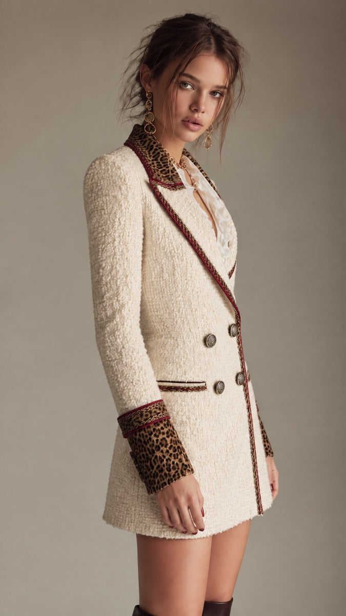 Tweed Mini Dress Blazer with Leopard Satin Accents and Gold Chain