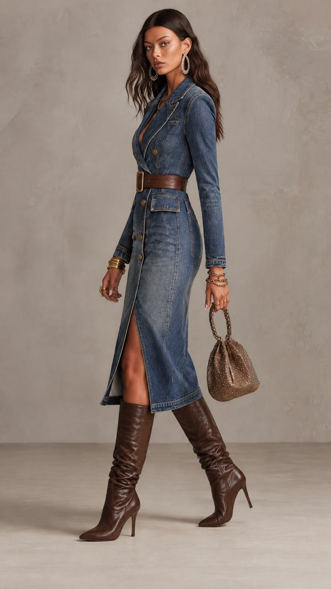 Double-Breasted Women's Denim Midi Dress with Belt - Long Sleeves and Front Split