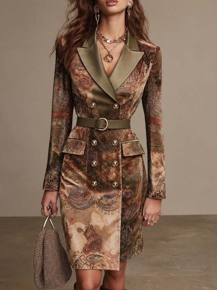 Retro Paisley Double-Breasted Blazer Dress Featuring Satin Lapels and Belt