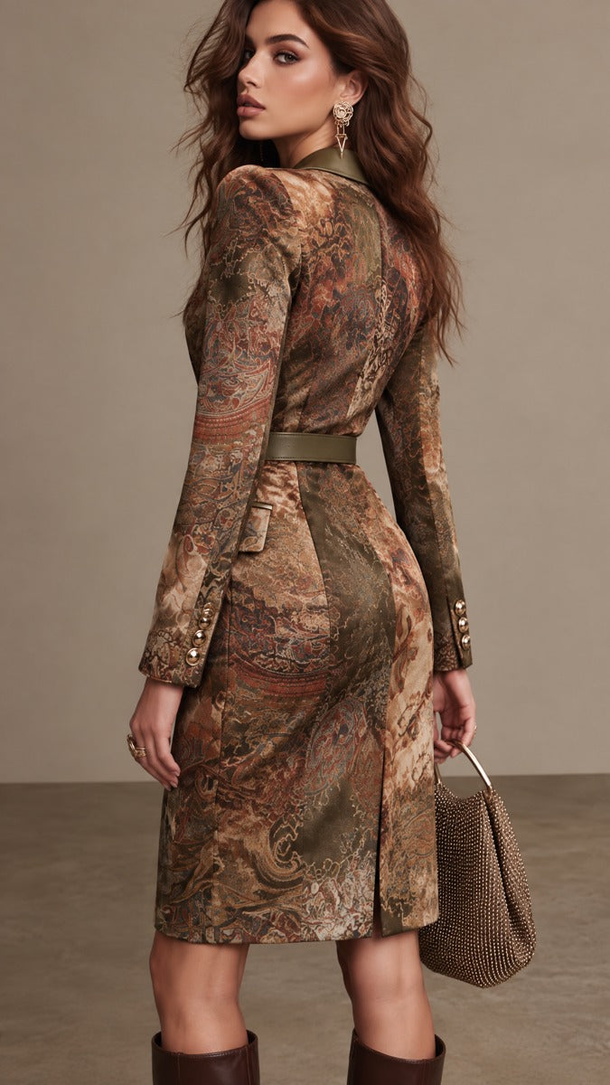 Retro Paisley Double-Breasted Blazer Dress Featuring Satin Lapels and Belt