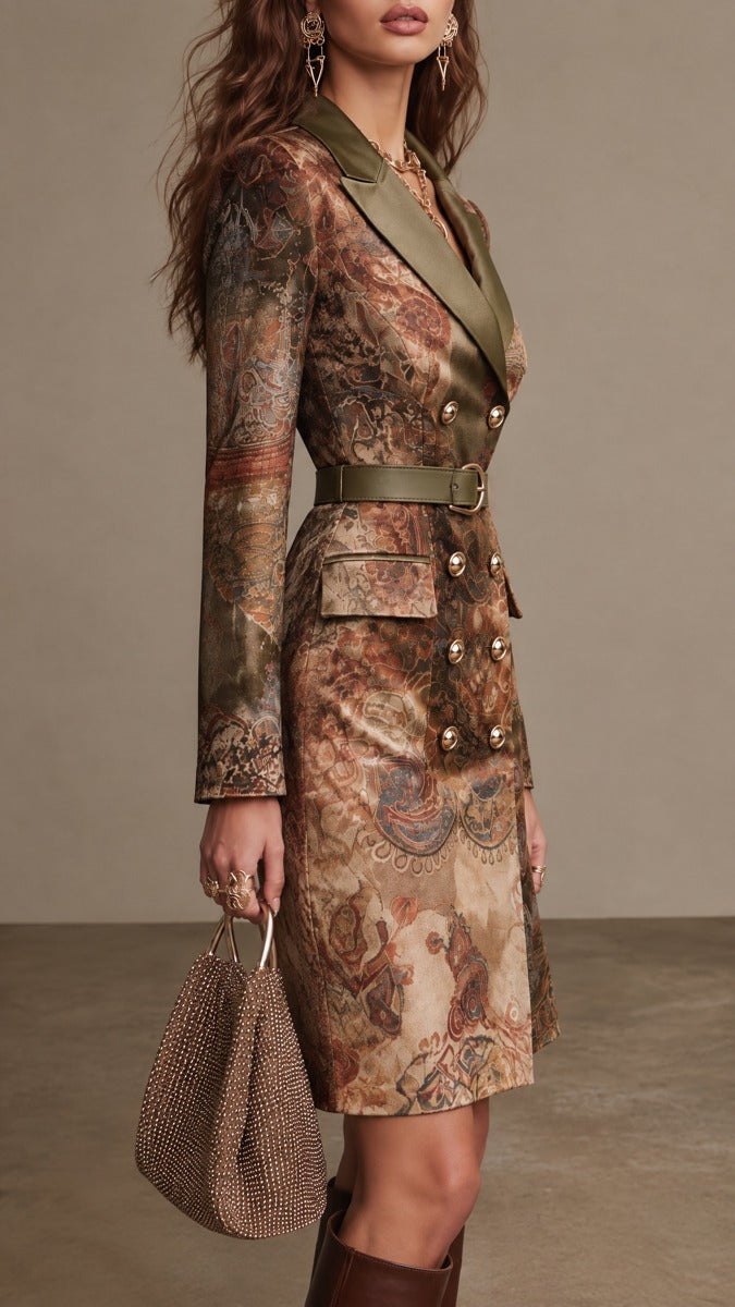 Retro Paisley Double-Breasted Blazer Dress Featuring Satin Lapels and Belt