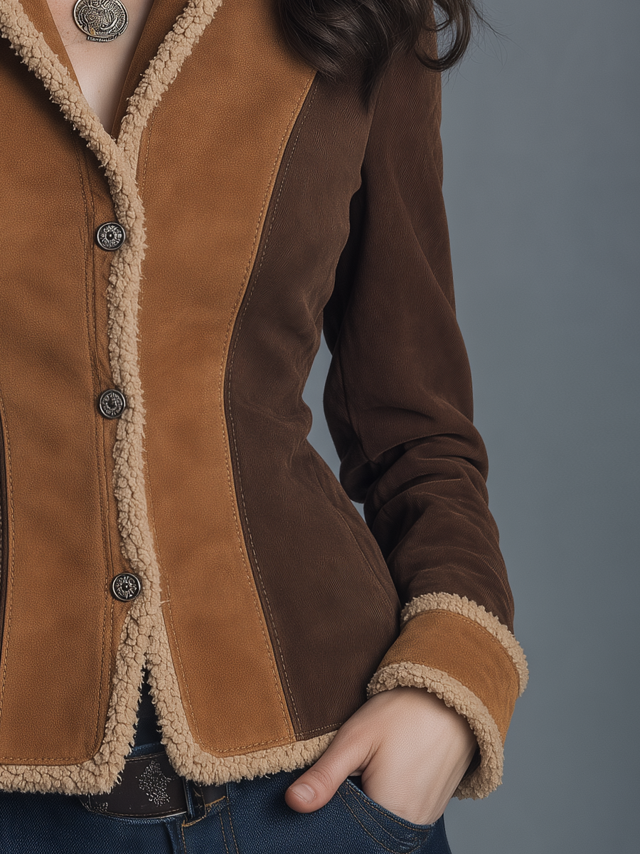 Retro Brown Colorblock Jacket Featuring Shearling Accents