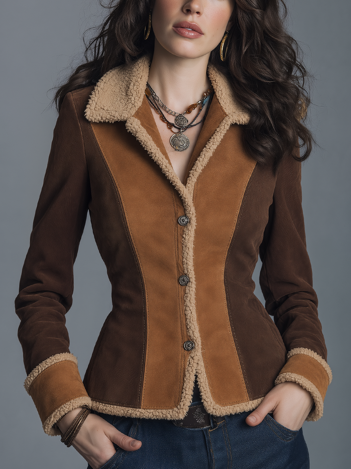 Retro Brown Colorblock Jacket Featuring Shearling Accents