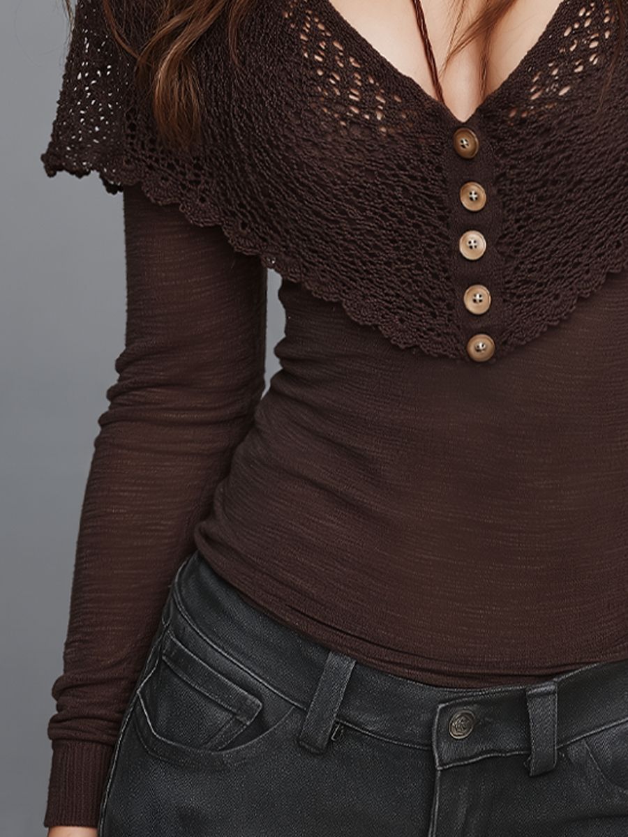 Brown Bohemian Crochet Top with Cape Detail