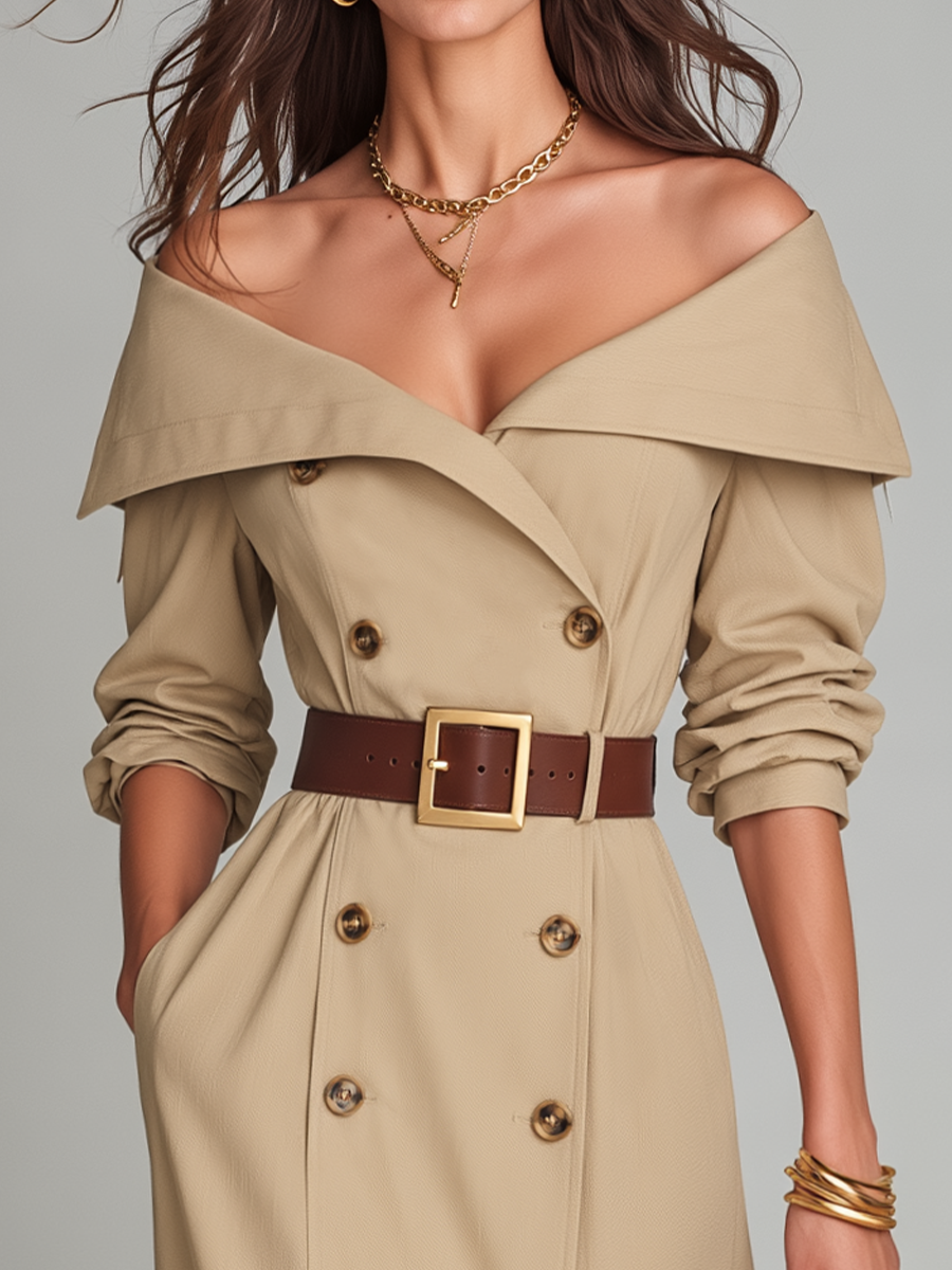 Chic Beige Off-Shoulder Midi Dress with Belt