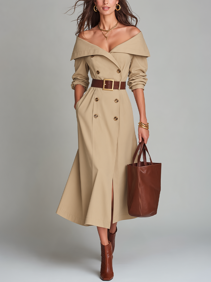 Chic Beige Off-Shoulder Midi Dress with Belt