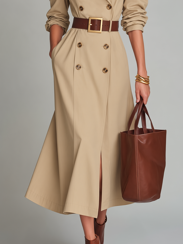 Chic Beige Off-Shoulder Midi Dress with Belt