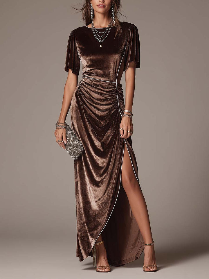 Chic Velvet Dress with Flared Sleeves and Contrasting Accents