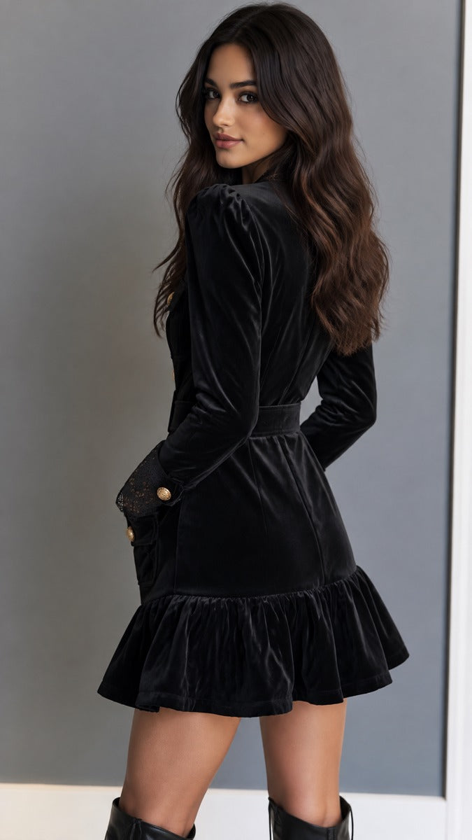 Vintage-Inspired Black Velvet Mini Dress with Lace Accents and Belt