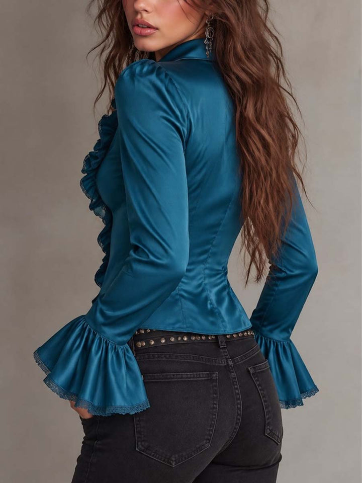 Loose Fit Vintage Teal Satin Blouse with Striped Long Sleeves