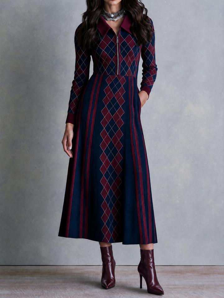 Half-Zip Midi Sweater Dress with Argyle Collar