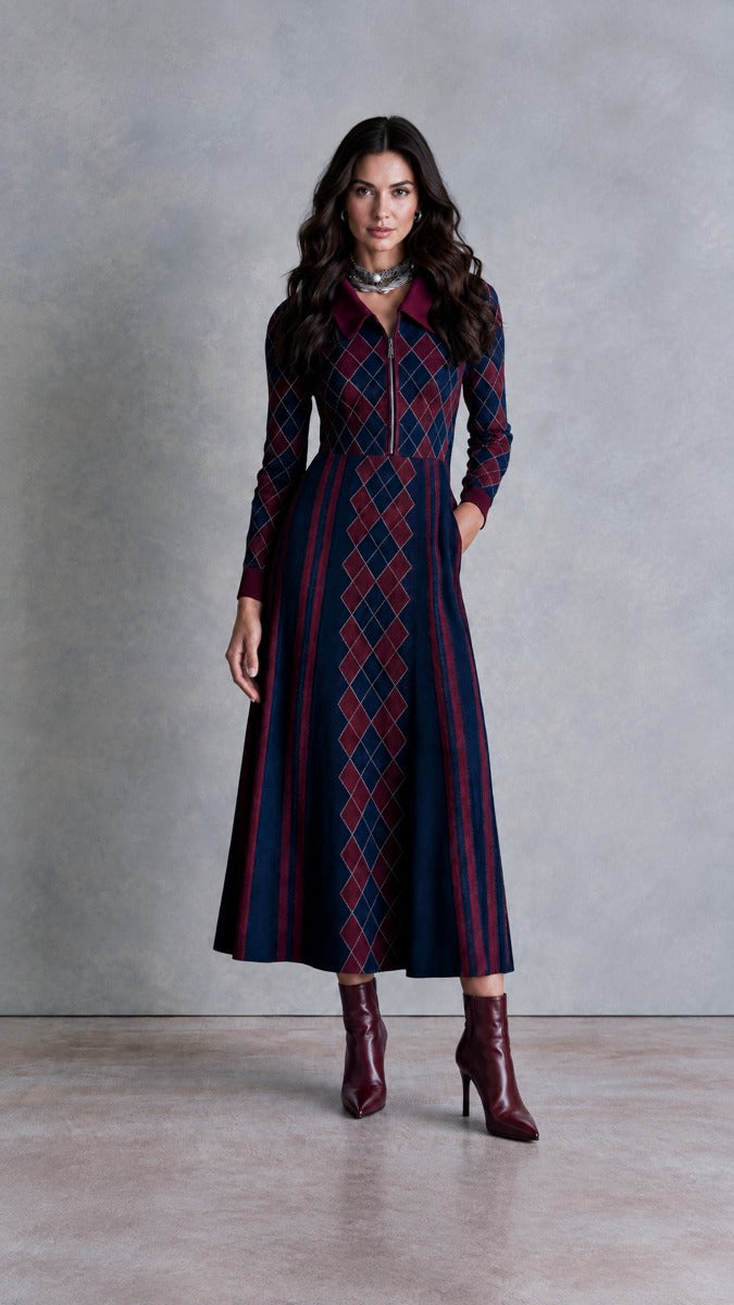 Half-Zip Midi Sweater Dress with Argyle Collar
