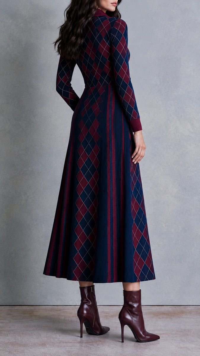 Half-Zip Midi Sweater Dress with Argyle Collar