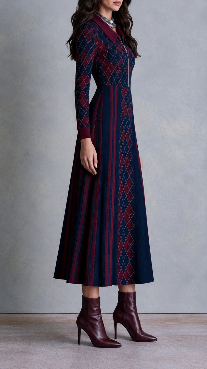 Half-Zip Midi Sweater Dress with Argyle Collar
