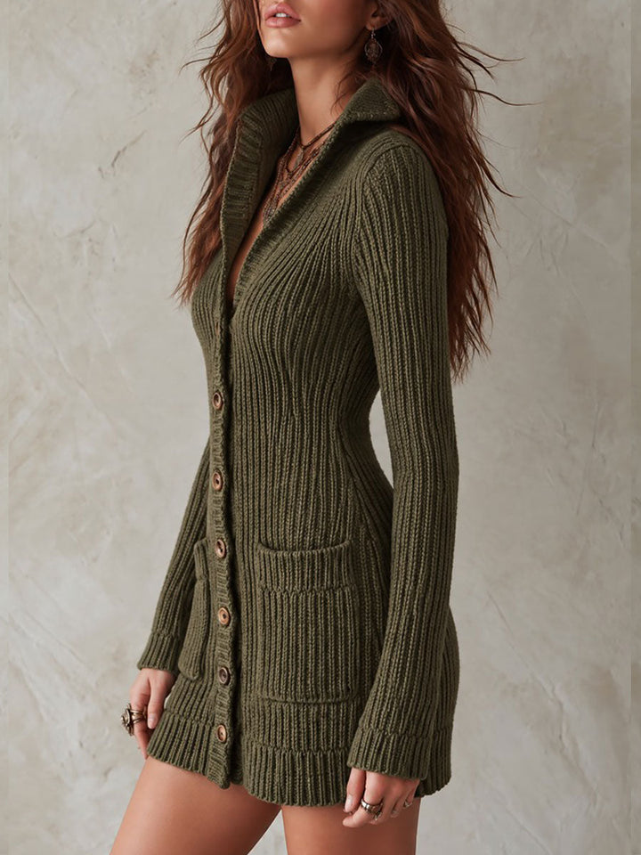 Chic Mini Boho Suede Dress Featuring Ribbed Knit, Button Details, and Pockets