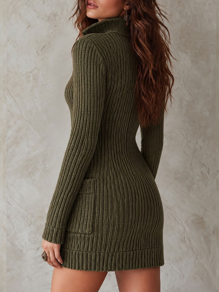 Chic Mini Boho Suede Dress Featuring Ribbed Knit, Button Details, and Pockets