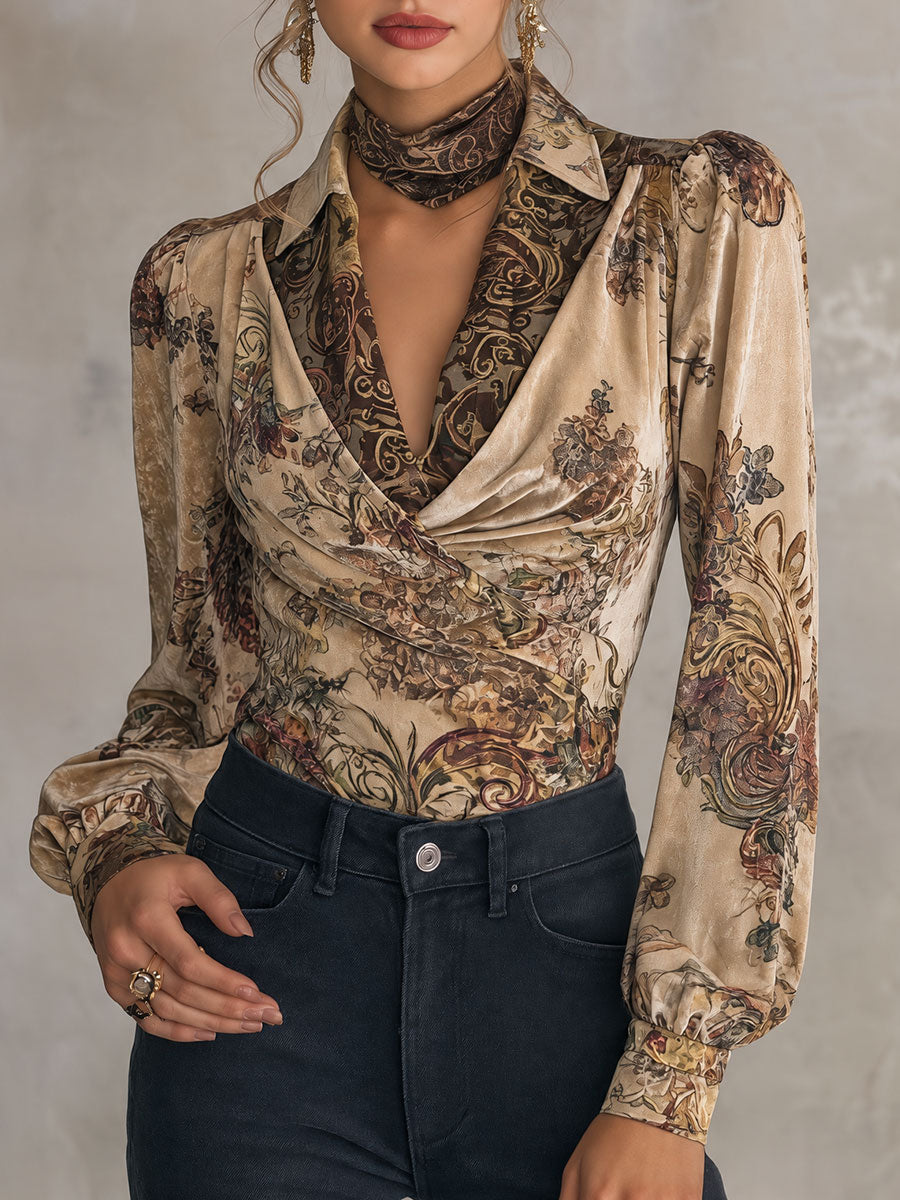 Vintage-Inspired Floral Wrap Top with Bishop Sleeves