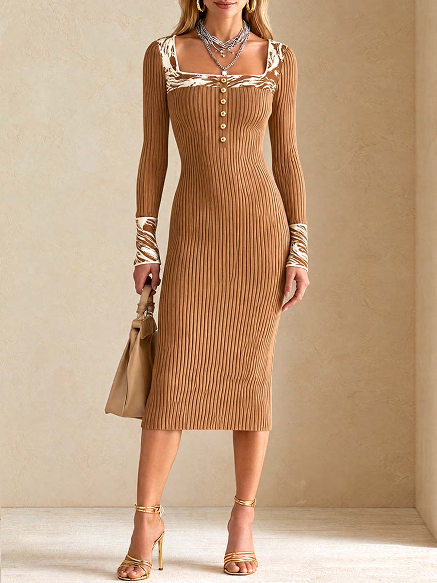 Camel Midi Dress Featuring Striped and Zebra Print