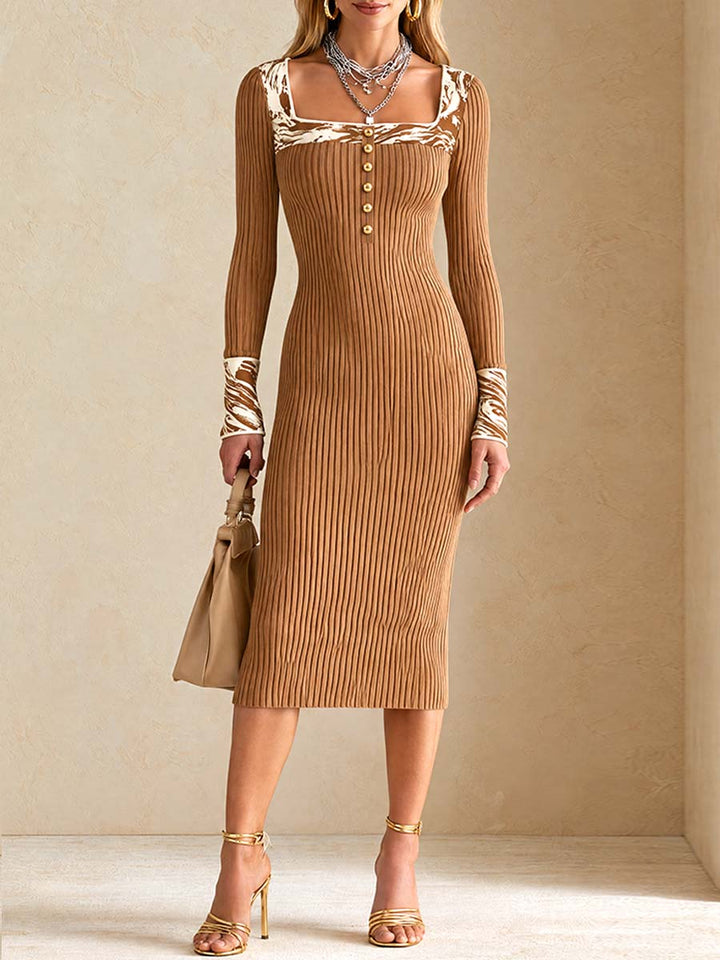 Camel Midi Dress Featuring Striped and Zebra Print