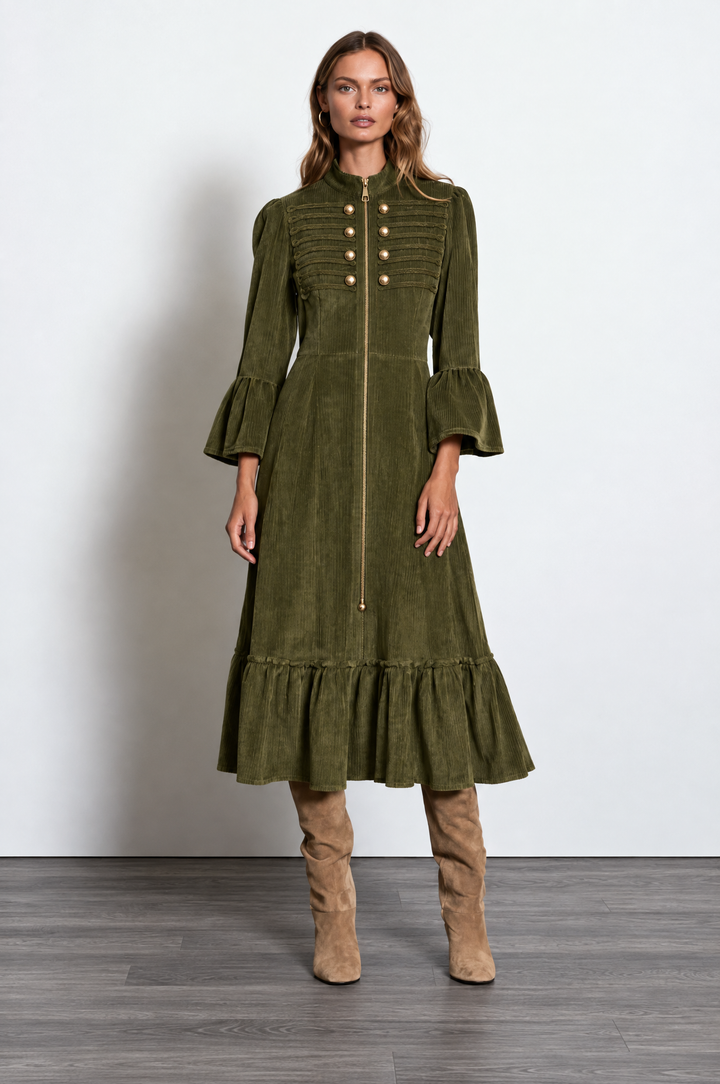 Retro Stand Collar Dress with Double Buttons and Cordura Zip