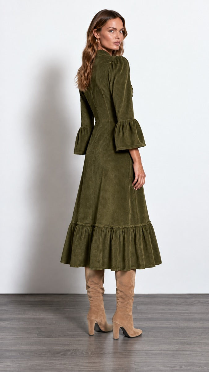 Retro Stand Collar Dress with Double Buttons and Cordura Zip