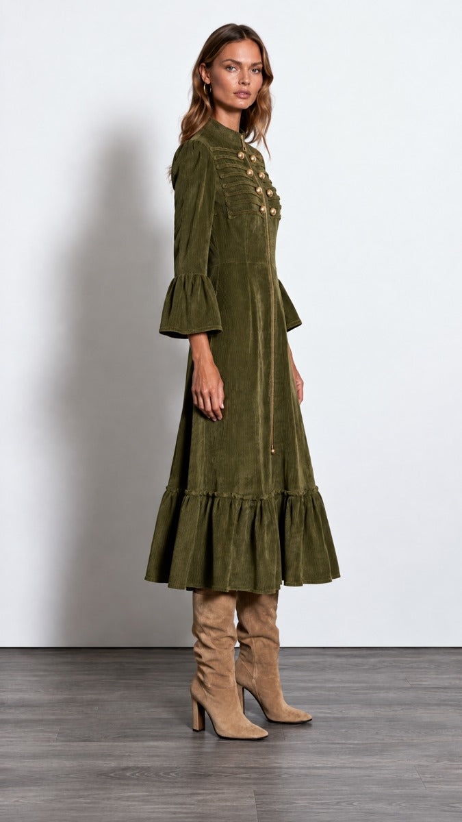 Retro Stand Collar Dress with Double Buttons and Cordura Zip