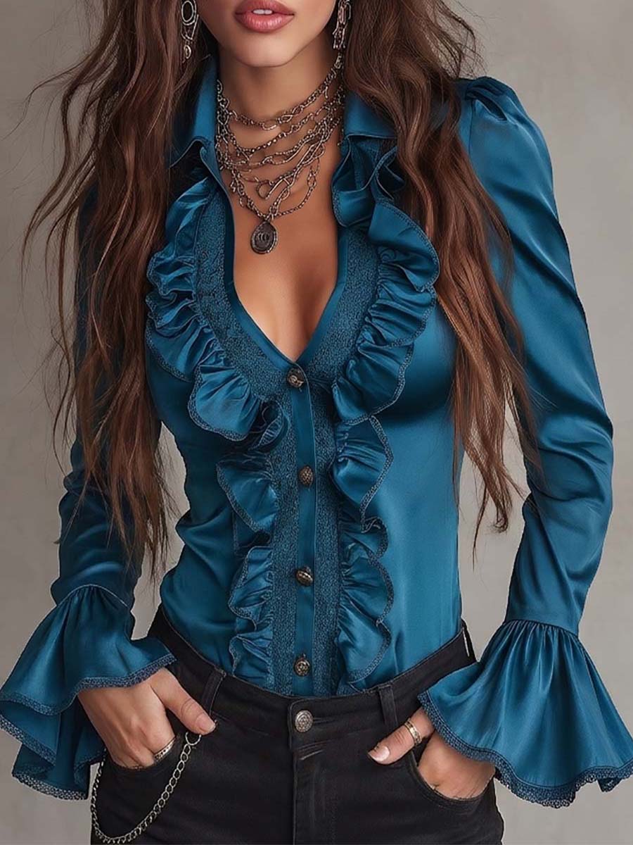 Loose Fit Vintage Teal Satin Blouse with Striped Long Sleeves