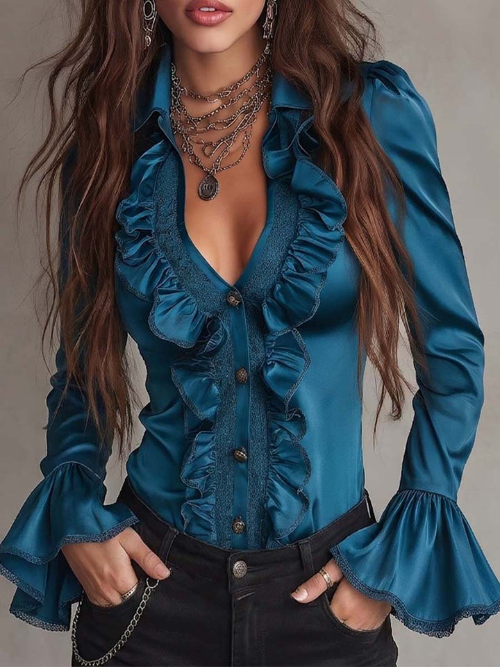 Loose Fit Vintage Teal Satin Blouse with Striped Long Sleeves