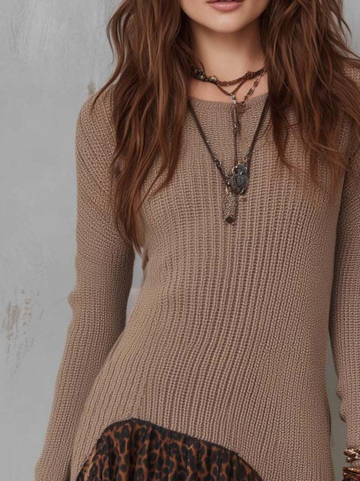 Vintage-Inspired Knitted Sweater with Leopard Print Straps and Asymmetrical Jacket