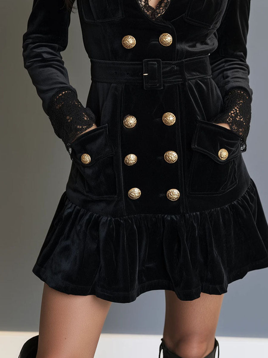 Vintage-Inspired Black Velvet Mini Dress with Lace Accents and Belt