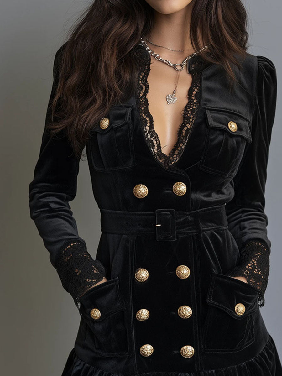 Vintage-Inspired Black Velvet Mini Dress with Lace Accents and Belt