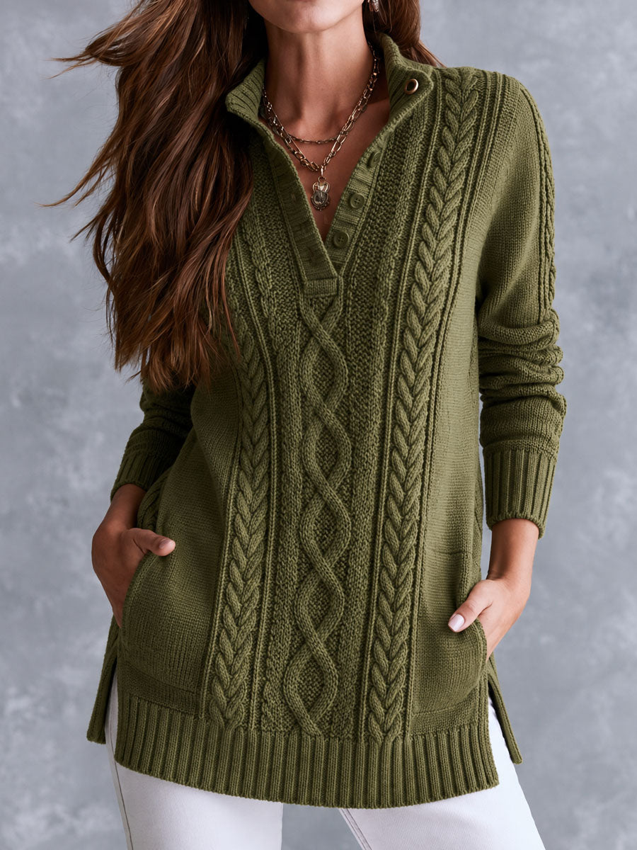 Retro American Stand Collar Jacket with Cable Knit and Pockets