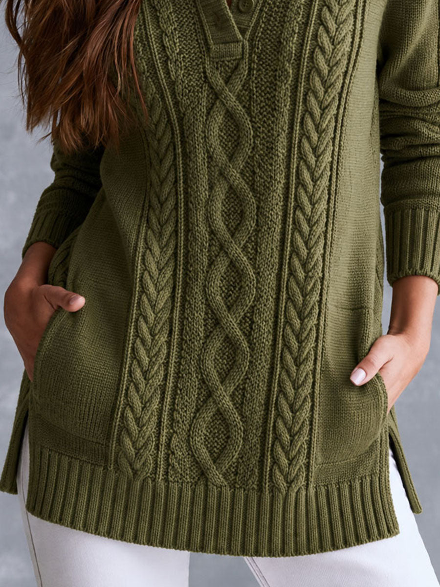 Retro American Stand Collar Jacket with Cable Knit and Pockets