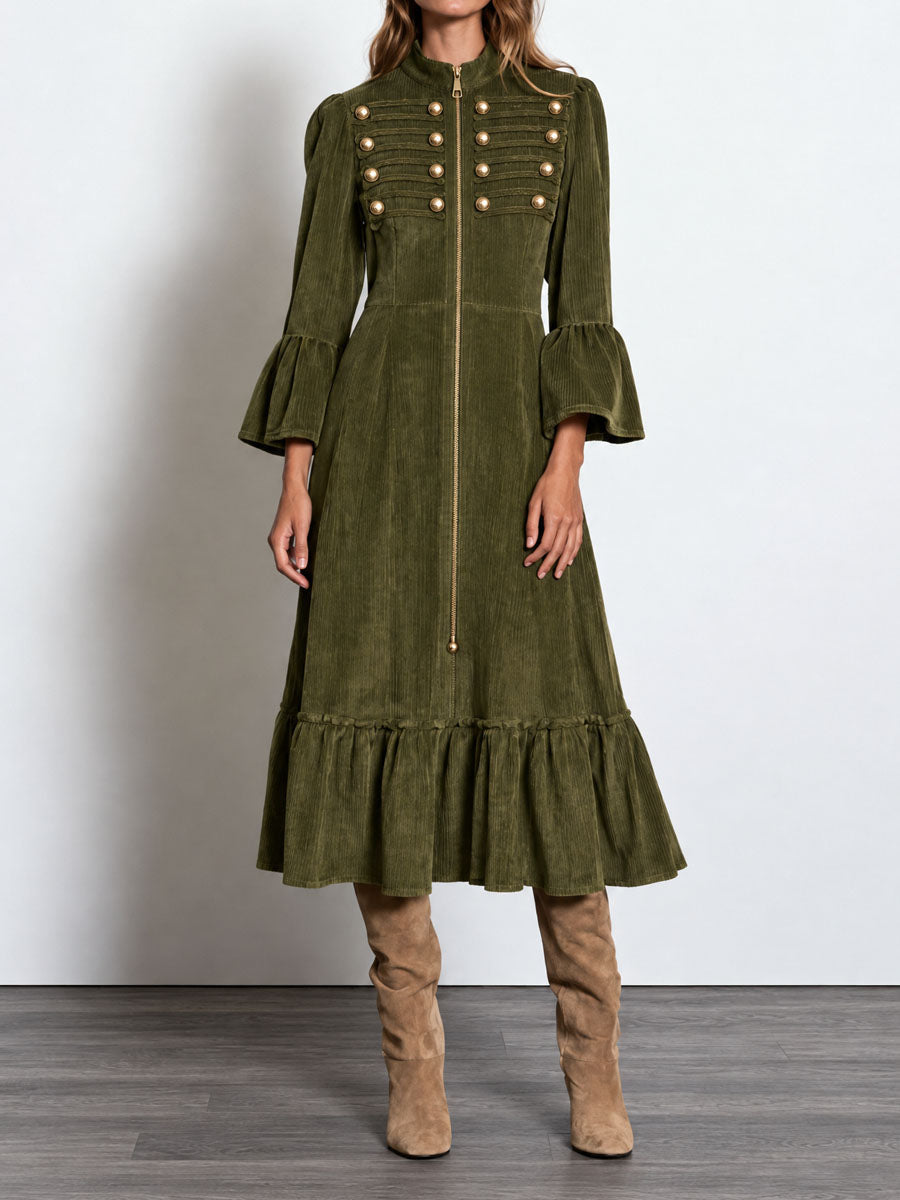 Retro Stand Collar Dress with Double Buttons and Cordura Zip
